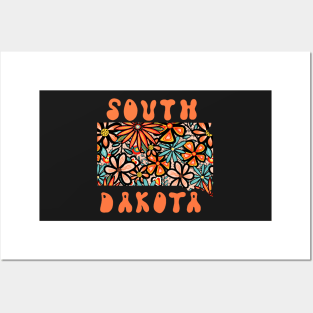 South Dakota State Design | Artist Designed Illustration Featuring South Dakota State Filled With Retro Flowers with Retro Hand-Lettering Posters and Art